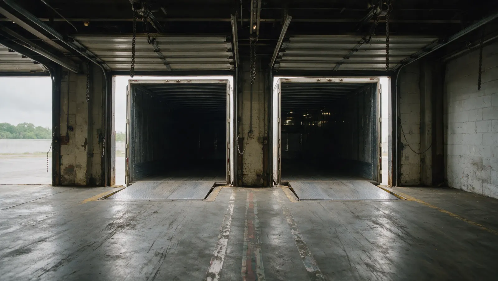 Inside a receiving dock: two open dock doors with trailers backed into the seal and dock plates down